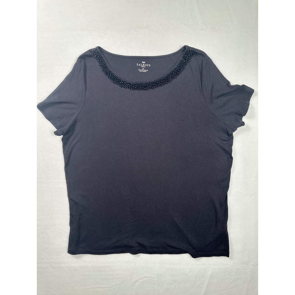 Talbots Woman 2X Black Beaded Neck Short Sleeve Pima‎ Cotton Tee T Shirt